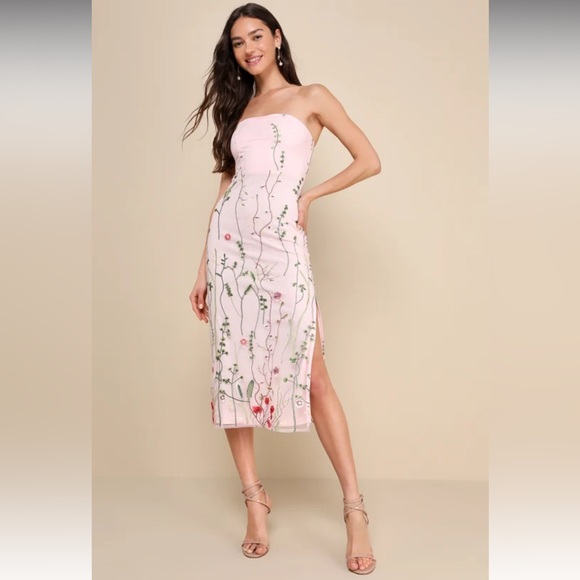 Lulus Dresses & Skirts - Bold Botanicals Pink Floral Embroidered Strapless Midi Dress